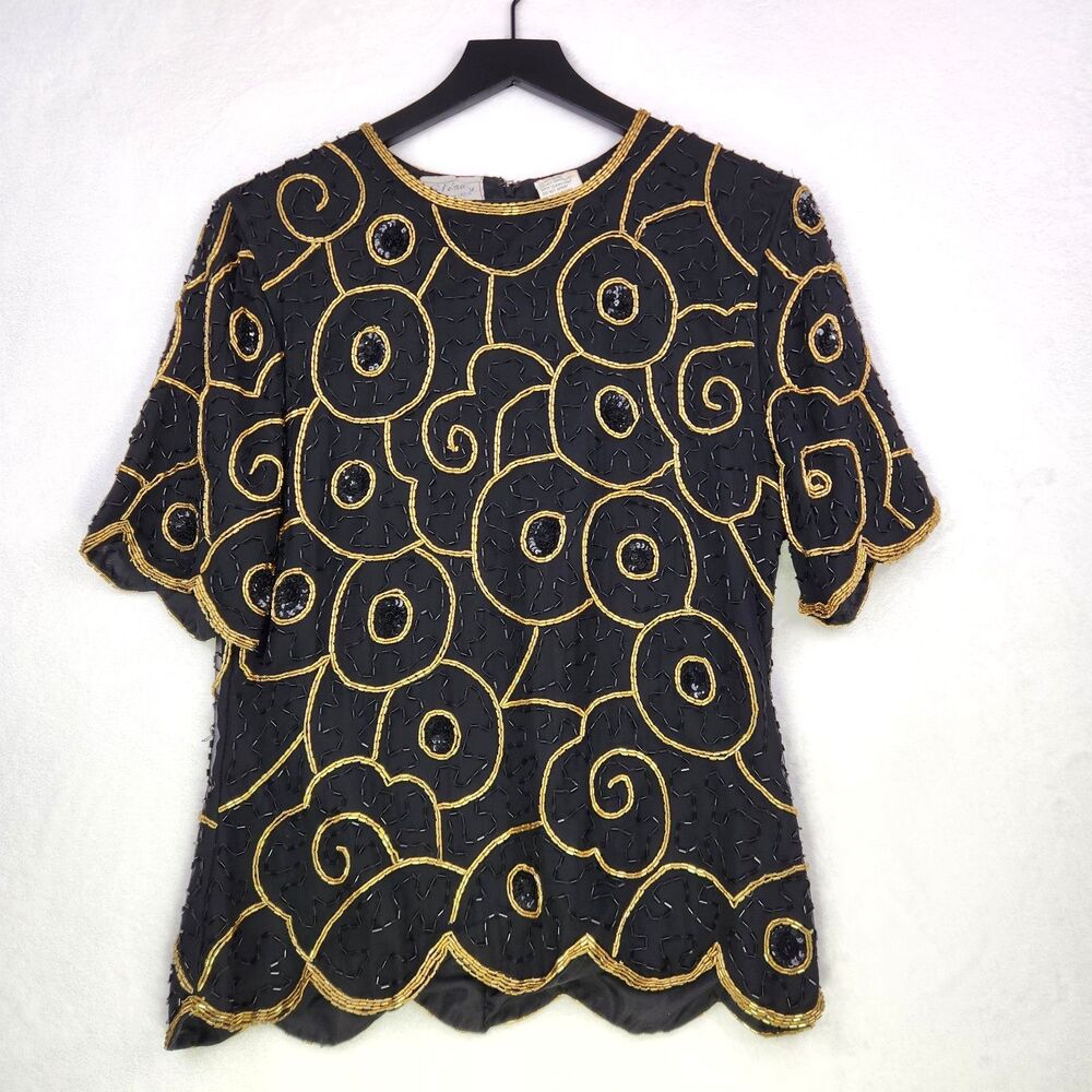 VTG Stenay 100% Silk Beaded Sequin Blouse Medium Black Gold Evening Cocktail Geo